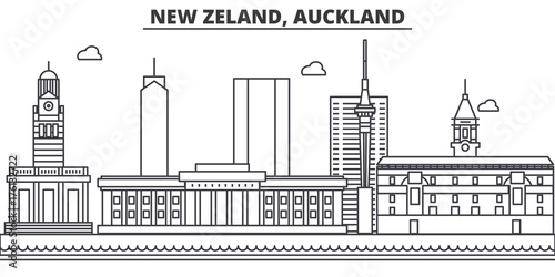 New Zeland, Auckland architecture line skyline illustration. Linear vector cityscape with famous landmarks, city sights, design icons. Editable strokes