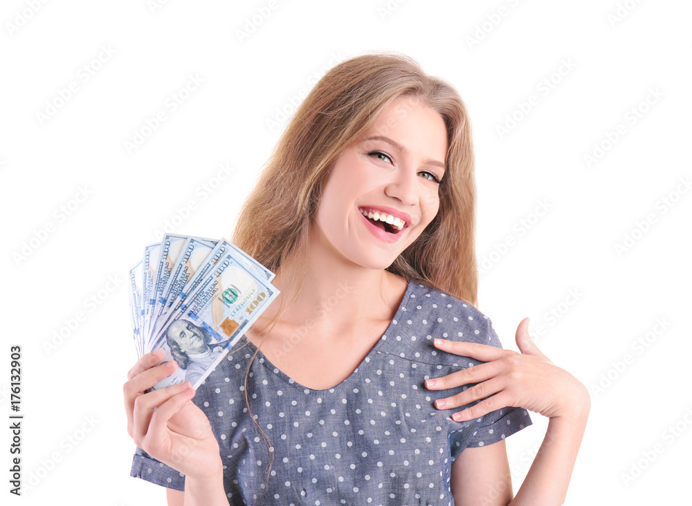 Beautiful young woman with dollar bills on white background Beautiful young woman with dollar bills on white background