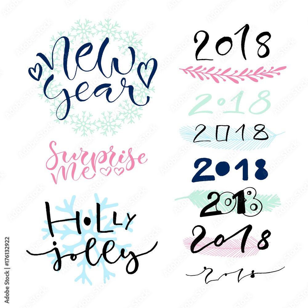 Handwritten New Year greeting card decorations.Calligraphic vector illustration with 2018 numbers.
