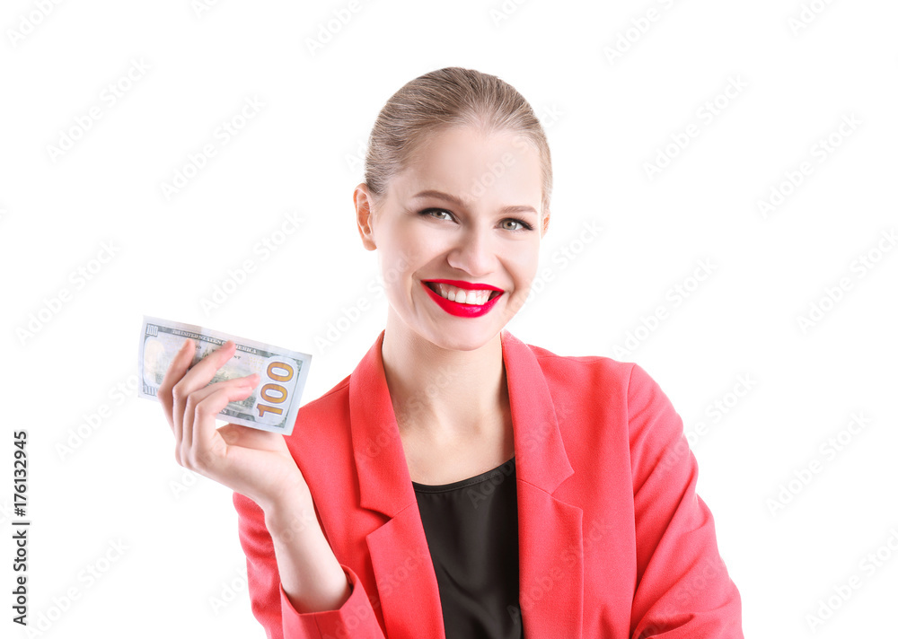Beautiful young woman with dollar bill on white background Beautiful young woman with dollar bill on white background