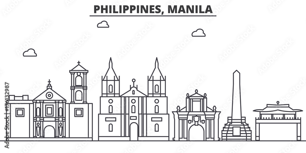 Fototapeta Philippines, Manila architecture line skyline illustration. Linear vector cityscape with famous landmarks, city sights, design icons. Editable strokes