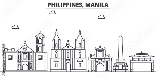 Philippines, Manila architecture line skyline illustration. Linear vector cityscape with famous landmarks, city sights, design icons. Editable strokes