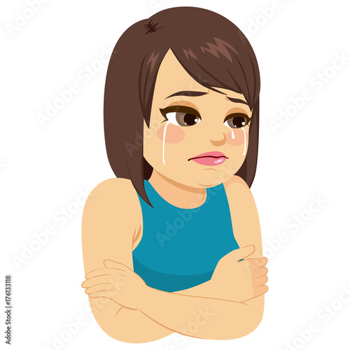 Illustration of sad depressed crying girl with arms crossed protection concept