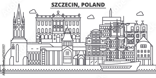 Poland, Szczecin architecture line skyline illustration. Linear vector cityscape with famous landmarks, city sights, design icons. Editable strokes