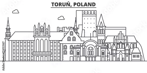 Obraz Polska, Toruń architektura linia linia ilustracja. Liniowy wektor gród ze słynnych zabytków, zabytków, ikony designu. Obrysy edytowalne