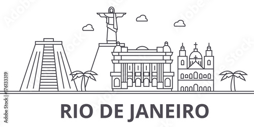 Rio De Janeiro architecture line skyline illustration. Linear vector cityscape with famous landmarks, city sights, design icons. Editable strokes