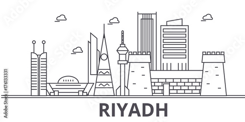 Riyadh architecture line skyline illustration. Linear vector cityscape with famous landmarks, city sights, design icons. Editable strokes