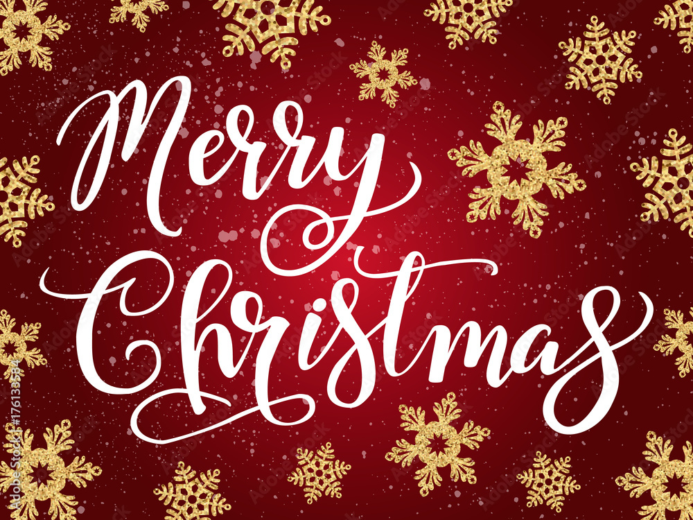 Merry Christmas handwriting script lettering. Christmas greeting  with snowflakes on red background. Vector illustration
