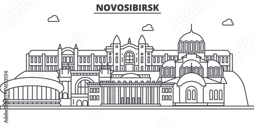 Russia, Novosibirsk architecture line skyline illustration. Linear vector cityscape with famous landmarks, city sights, design icons. Editable strokes