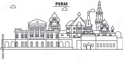 Russia, Perm architecture line skyline illustration. Linear vector cityscape with famous landmarks, city sights, design icons. Editable strokes