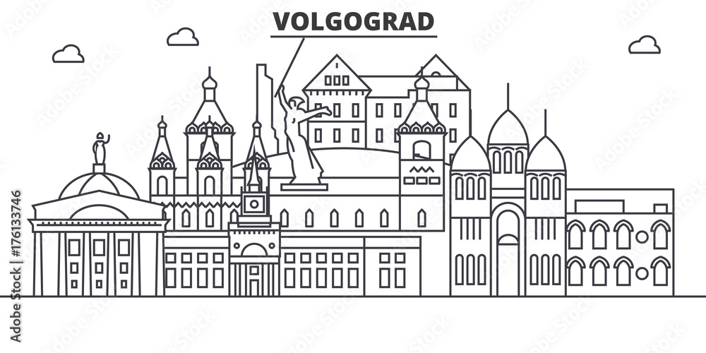 Fototapeta Rosja, ilustracja panoramę linii architektury Wołgograd. Liniowy wektor gród ze słynnymi zabytkami, zabytkami miasta, ikonami projektu. Edytowalne obrysy