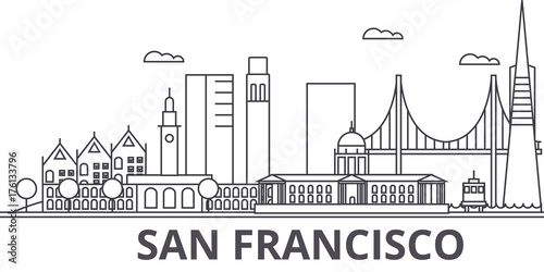 San Francisco architecture line skyline illustration. Linear vector cityscape with famous landmarks, city sights, design icons. Editable strokes