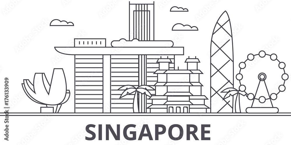 Singapore architecture line skyline illustration. Linear vector cityscape with famous landmarks, city sights, design icons. Editable strokes