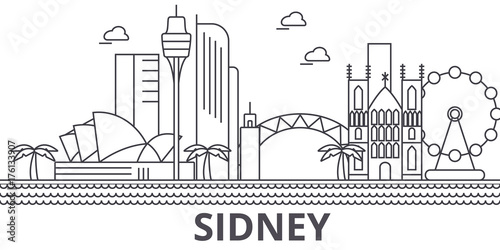 Sidney architecture line skyline illustration. Linear vector cityscape with famous landmarks, city sights, design icons. Editable strokes photo