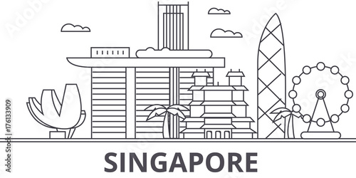 Obraz na płótnie Singapore architecture line skyline illustration. Linear vector cityscape with famous landmarks, city sights, design icons. Editable strokes w salonie