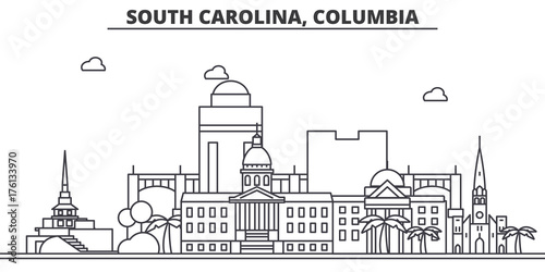 South California, Columbia architecture line skyline illustration. Linear vector cityscape with famous landmarks, city sights, design icons. Editable strokes