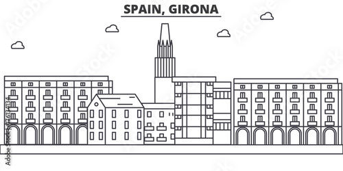 Spain, Girona architecture line skyline illustration. Linear vector cityscape with famous landmarks, city sights, design icons. Editable strokes