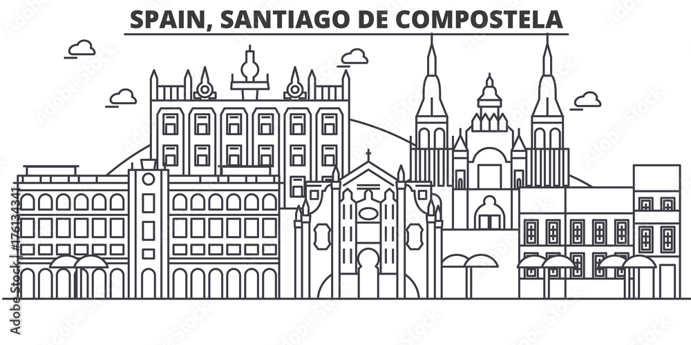 Fototapeta Spain, Santiago De Compostela architecture line skyline illustration. Linear vector cityscape with famous landmarks, city sights, design icons. Editable strokes