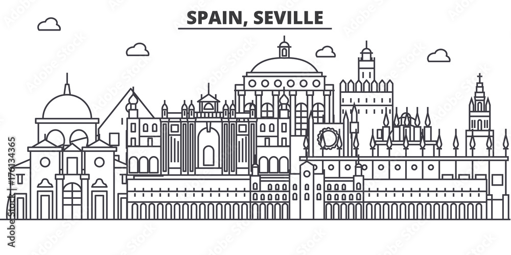 Fototapeta Hiszpania, Sewilla ilustracja panoramę linii architektury. Liniowy wektor gród ze słynnymi zabytkami, zabytkami miasta, ikonami projektu. Edytowalne obrysy
