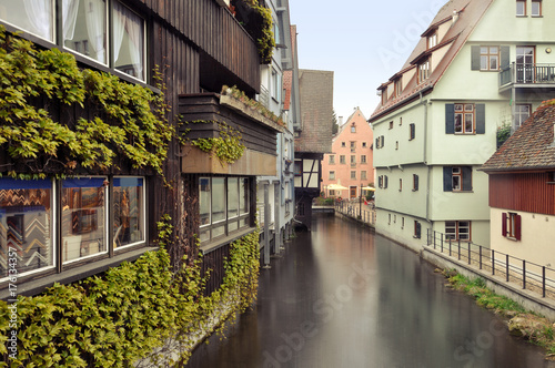 Ancient half-timbered houses with green ivy in the fishermen's quarter in Ulm. Baden-Wurttemberg, Germany.