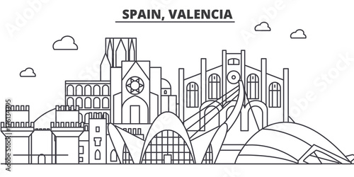 Spain, Valencia architecture line skyline illustration. Linear vector cityscape with famous landmarks, city sights, design icons. Editable strokes