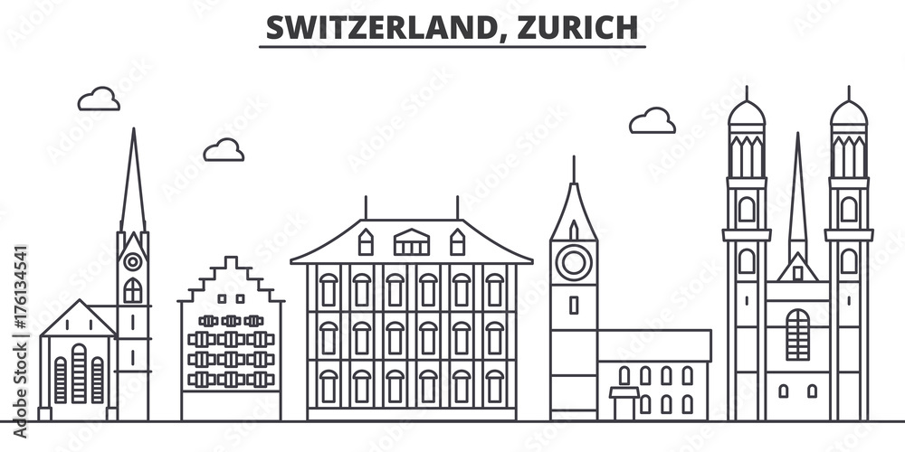 Switzerland, Zurich architecture line skyline illustration. Linear vector cityscape with famous landmarks, city sights, design icons. Editable strokes