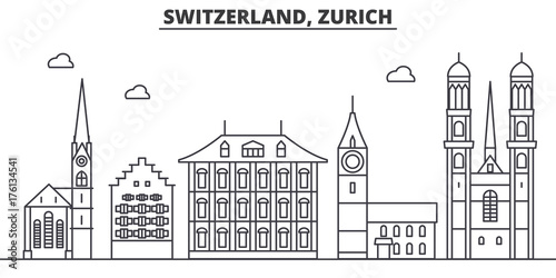 Switzerland, Zurich architecture line skyline illustration. Linear vector cityscape with famous landmarks, city sights, design icons. Editable strokes photo
