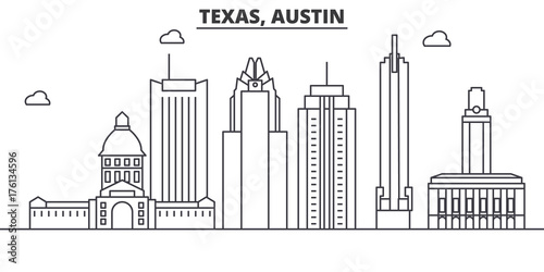 Texas Austin architecture line skyline illustration. Linear vector cityscape with famous landmarks, city sights, design icons. Editable strokes