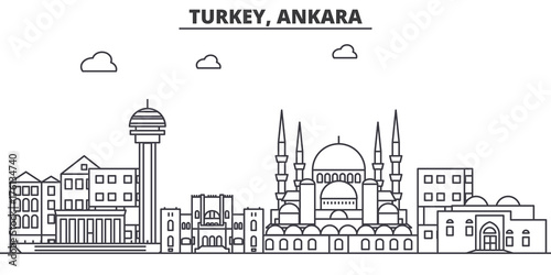 Turkey, Ankara architecture line skyline illustration. Linear vector cityscape with famous landmarks, city sights, design icons. Editable strokes