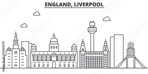 Uk. Liverpool architecture line skyline illustration. Linear vector cityscape with famous landmarks, city sights, design icons. Editable strokes