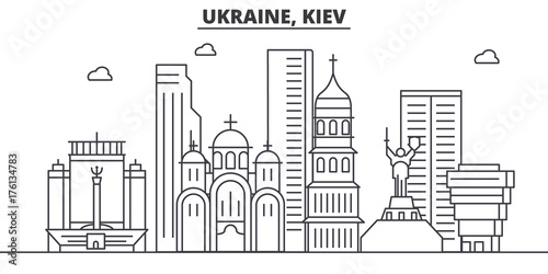 Ukraine, Kiev architecture line skyline illustration. Linear vector cityscape with famous landmarks, city sights, design icons. Editable strokes