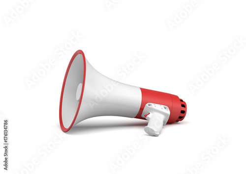 3d rendering of a single red and white megaphone lying in side view on white surface.