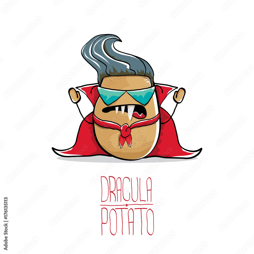 vector funny cartoon cute dracula potato with fangs and red cape isolated  on white background. vampire monster vegetable funky character Stock Vector  | Adobe Stock