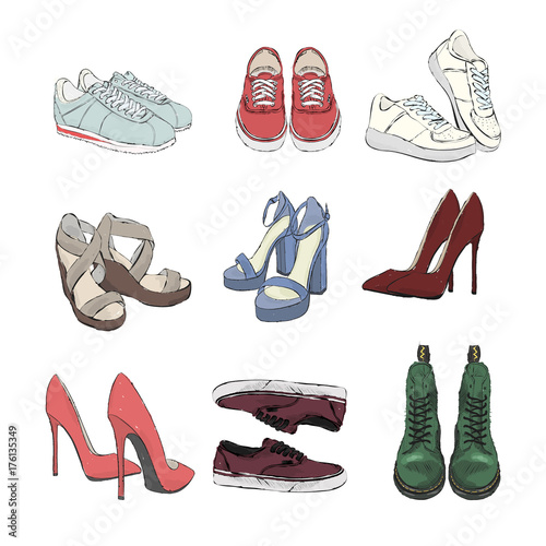 A set of autumn shoes. Collection of stylish and colorful shoes of all seasons of the year. Hand drawn vector illustration on a white background.