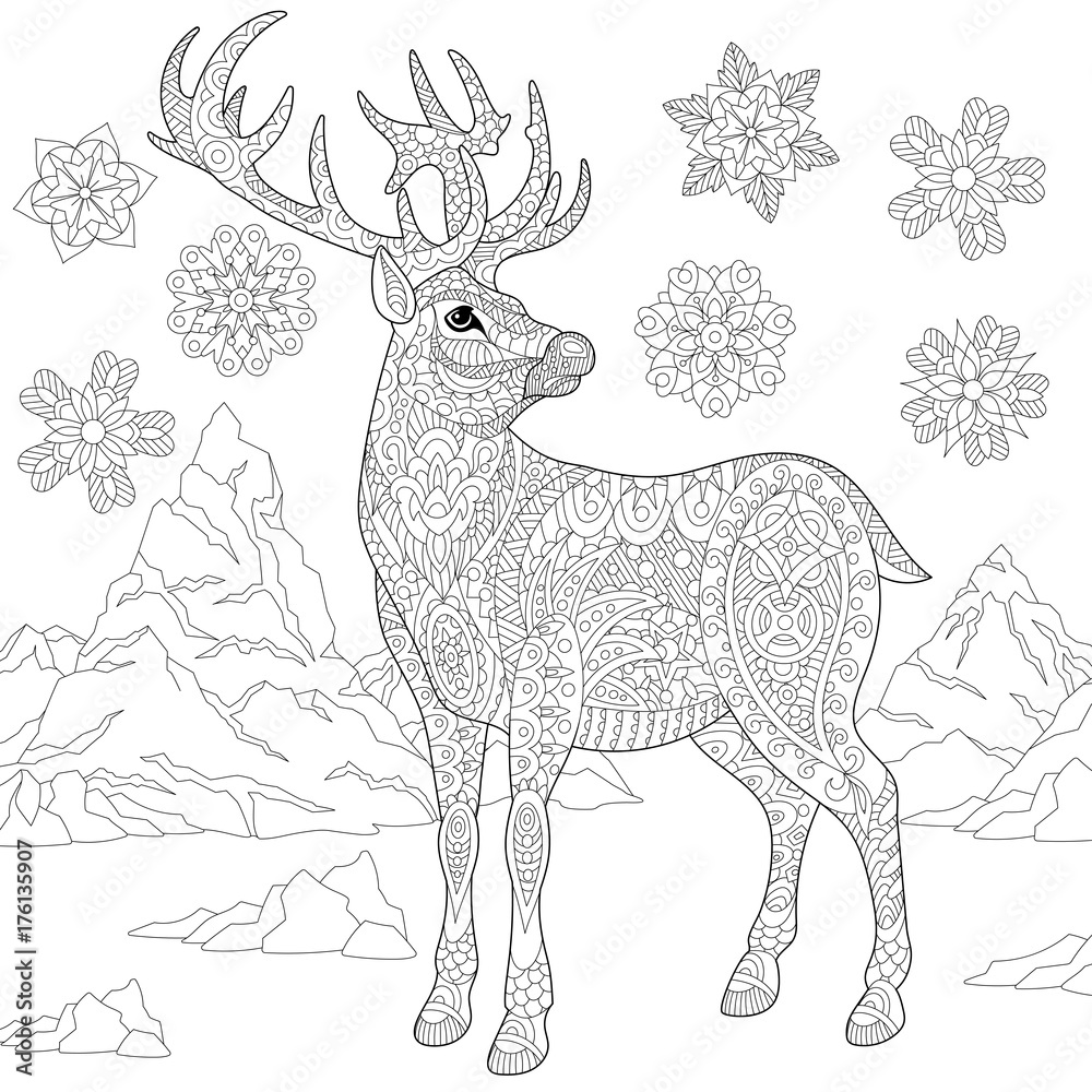 Fototapeta premium Coloring page of deer (reindeer) and winter snowflakes. Freehand sketch drawing for adult antistress coloring book in zentangle style with doodle elements.