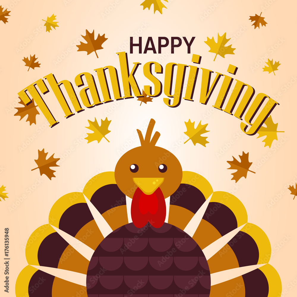 Happy Thanksgiving Day card with cute cartoon turkey character. Stock  Vector | Adobe Stock