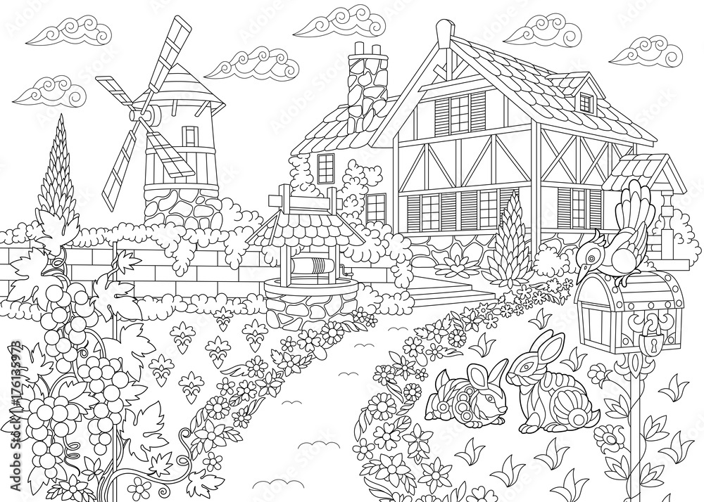 Coloring page of rural landscape. Farm house, windmill, water well, mail box, bunnies, woodpecker bird, grape vines. Freehand sketch drawing for adult antistress coloring book in zentangle style.