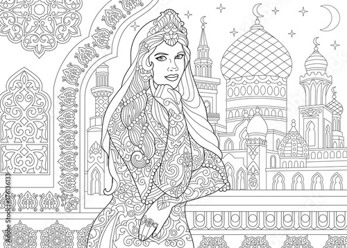 Coloring page of turkish woman. Islamic filigree decor, arabic mosque, crescent moons and stars on the background. Freehand sketch drawing for adult antistress coloring book in zentangle style.