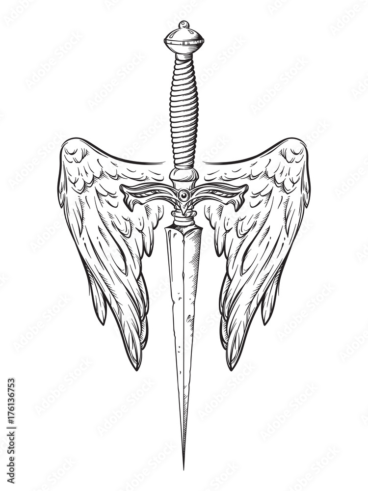 Ritual dagger with angel wings isolated on white background hand drawn  vector illustration. Black work, flash tattoo or print design Stock Vector  | Adobe Stock