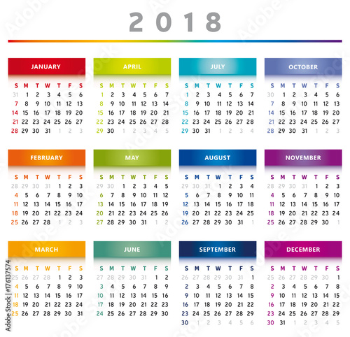 Calendrier 2018 en Anglais - Couleurs Arc-en-Ciel Format 4 Trimestres