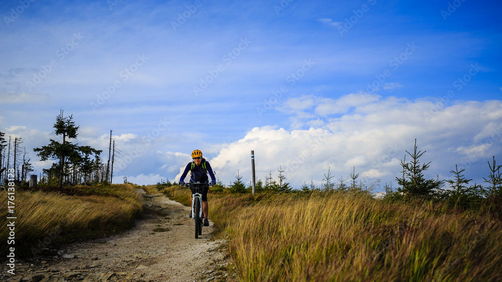 Mountain biking women riding on bike in summer mountains forest landscape. Woman cycling MTB flow trail track. Outdoor sport activity.