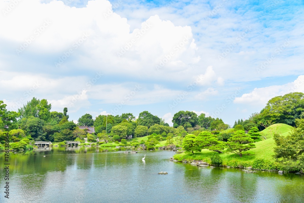 Beautiful Scenery of Green Hills and Blue Sky at Suizenji Garden