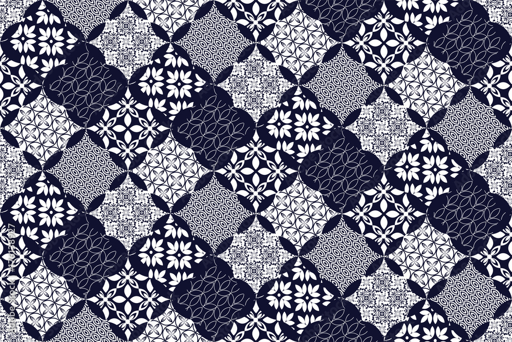Seamless pattern with blue patchwork. Seamless background for textile, wallpaper, pattern fills, covers, surface, print, gift wrap, packaging paper, ceramic tile