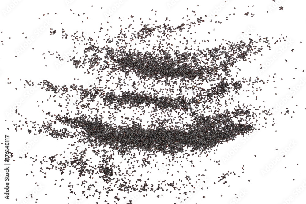 Poppy seeds isolated on white background and texture, top view Poppy seeds isolated on white background and texture, top view