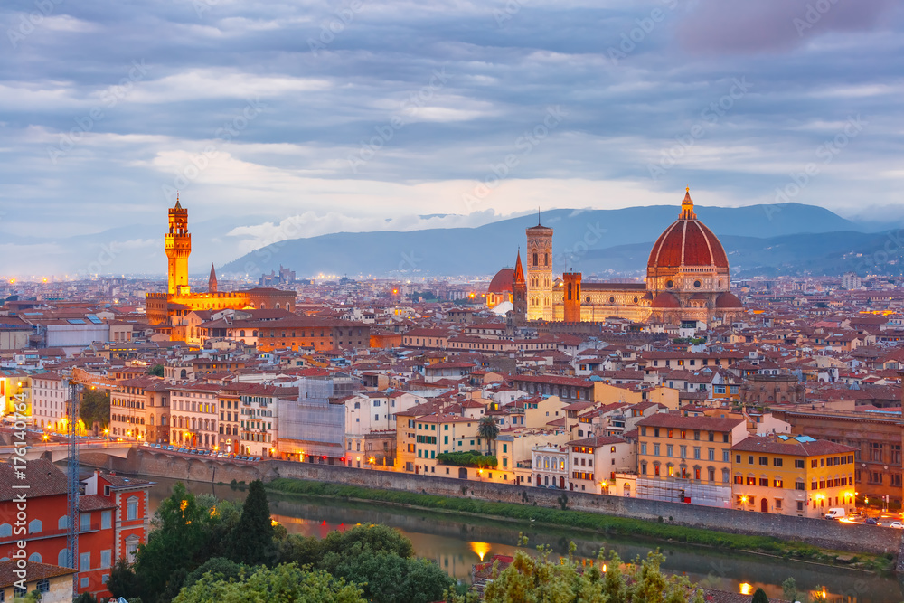 Famous view of Florence at sunset from Piazzale Michelangelo in Florence, Tuscany, Italy