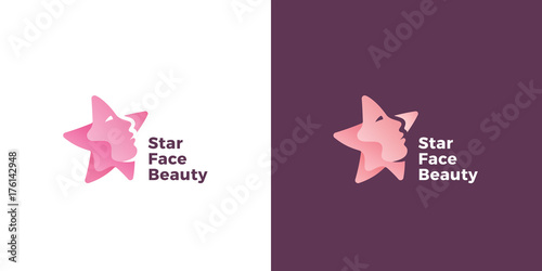 Star Face Abstract Vector Sign, Emblem or Logo Template. Star Silhouette as a Beautiful Woman Face. Flat Style Symbol with Modern Gradients.