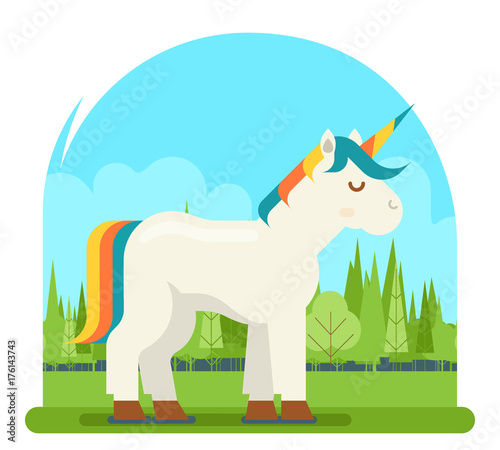 Unicorn Fantasy Horse Wood Background Cartoon Character Flat Design 3d Visual Digital Experience Vector Illustration