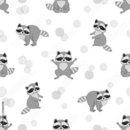 Seamless pattern with cute baby raccoons. Kids vector background