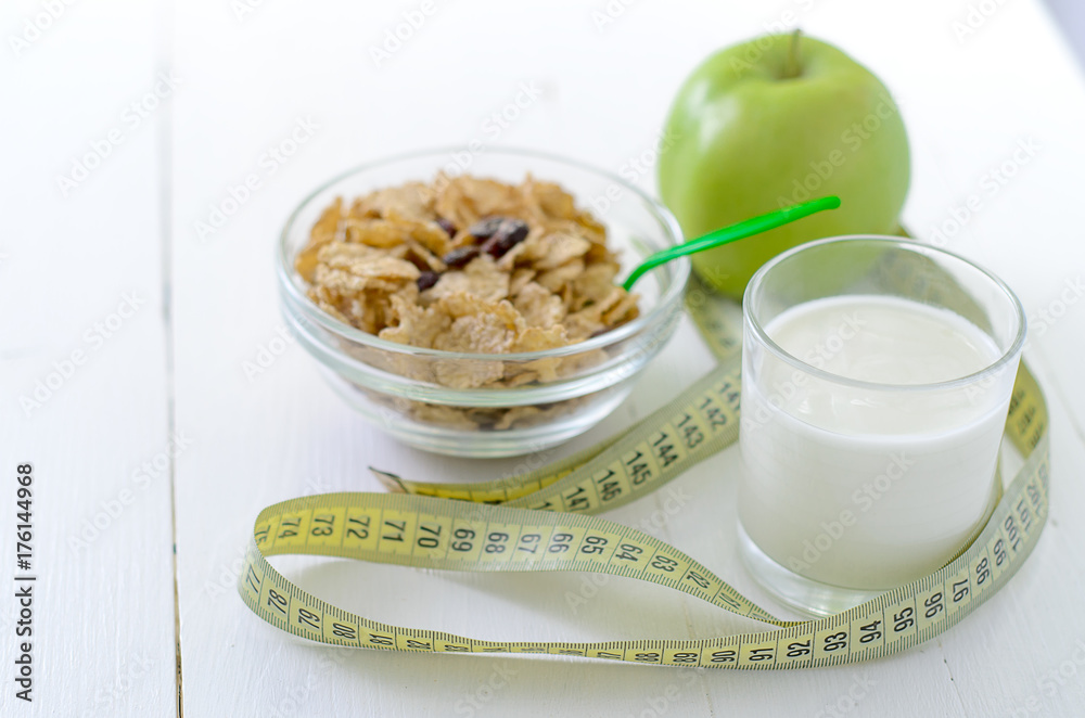 healthy eating, dieting, slimming and weigh loss concept - close up of diet plan paper green apple, muesli, green apple, kefir, milk healthy eating, dieting, slimming and weigh loss concept - close up of diet plan paper green apple, muesli, green apple, kefir, milk