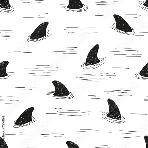 Seamless shark fin pattern. Vector black and white doodle background.